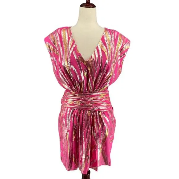 Ramy Brook | Dresses | Ramy Brook Reina Mini Party Dress Womens M Pink  Metallic Silk Blend Deep V Neck | Poshmark